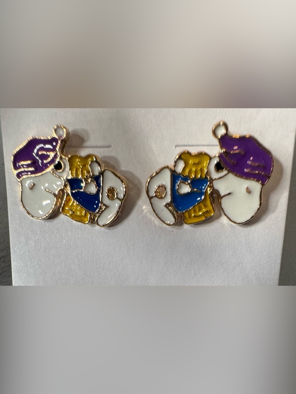Snoopy sleepy Playful Purple & White Enamel Dog Charm Earrings with Blue Accent